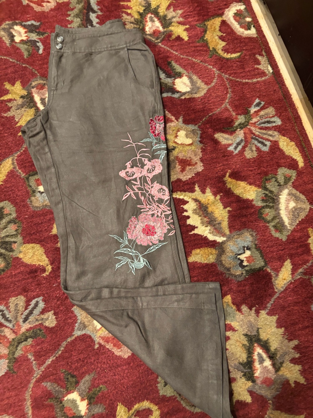 Boston Proper Taupe Linen-Blend pants with Pink Floral Embroidery